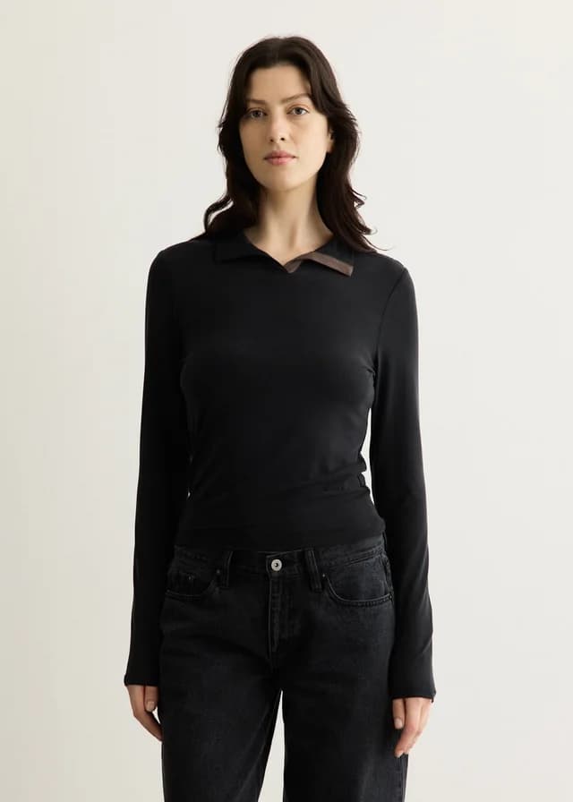 Incu Collection Prep Polo Long Sleeve Top in BLACK, image 1 of 1 from Incu