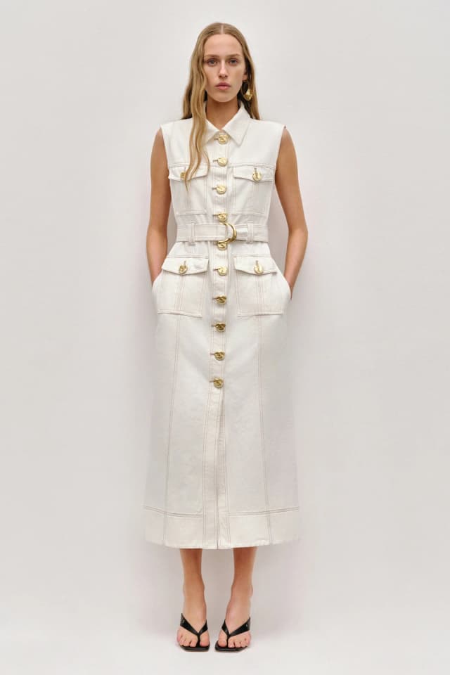 AJE Ivy Denim Midi Dress in IVORY, image 1 of 1 from Aje