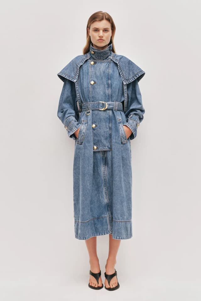 AJE Lorraine Denim Trench Coat in COASTAL STONE WASH, image 1 of 1 from Aje