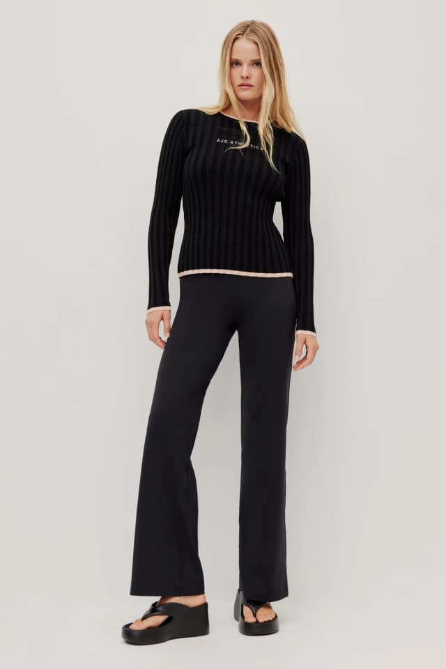 Athletica Long Sleeve Rib Knit Top 438 in BLACK/NOUGAT, image 1 of 1 from Aje
