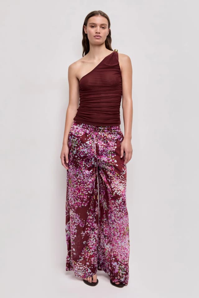 AJE Elaria One Shoulder Mesh Top in MAHOGANY, image 1 of 1 from Aje