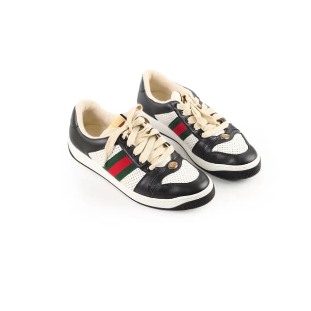 Gucci Men's Screener Perorated Leather Sneakers Black/White Size 41 in Black Leather from The Purse Affair, photo 1 of 1