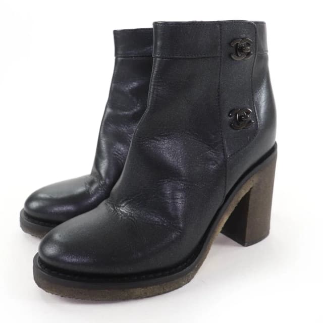 Chanel Double CC Logo Lame Leather Short Boots in Black Leather from The Reluxe, photo 1 of 1