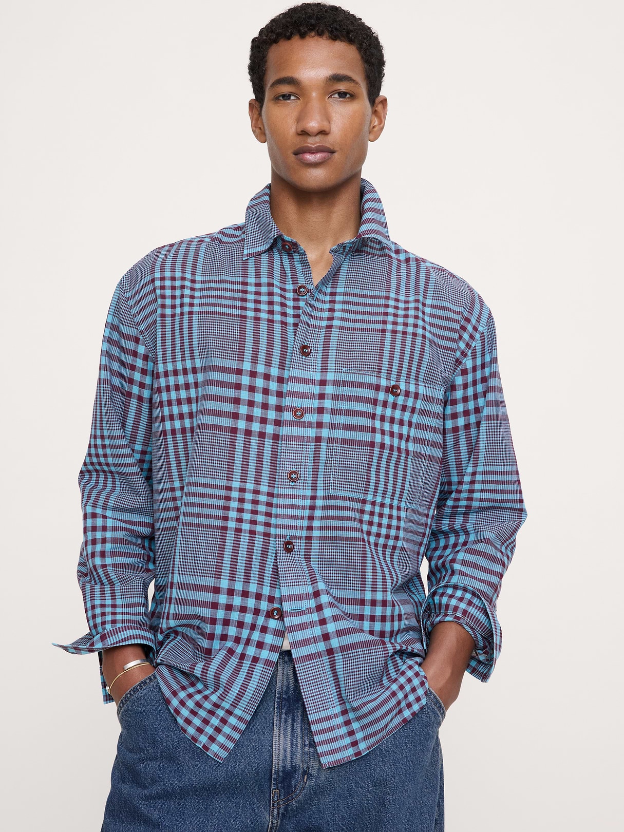 Banana Republic Relaxed-Fit Summerweight Cotton Shirt in Purple & Blue Plaid, image 1 of 1 from Banana Republic (US)