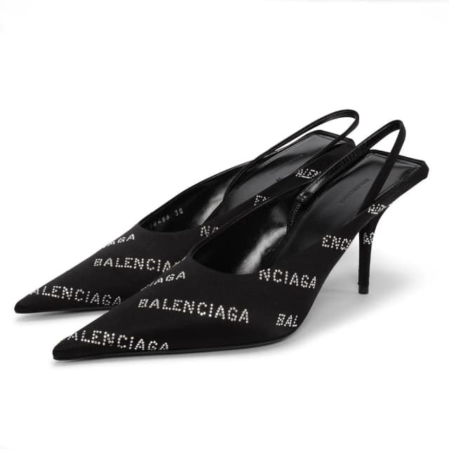 Balenciaga Square Knife Crystal Logo Slingbacks 38 in Black Satin from Blue Spinach, photo 1 of 1