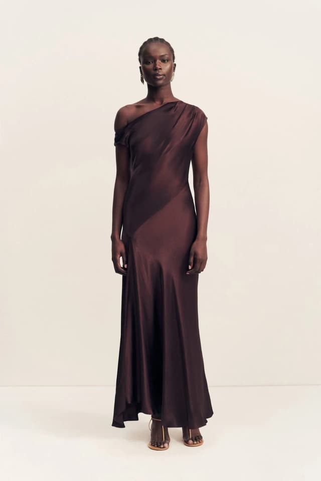 Shona Joy LA LUNE ASYMMETRICAL DRAPED MAXI DRESS - ESPRESSO, image 1 of 1 from Shona Joy