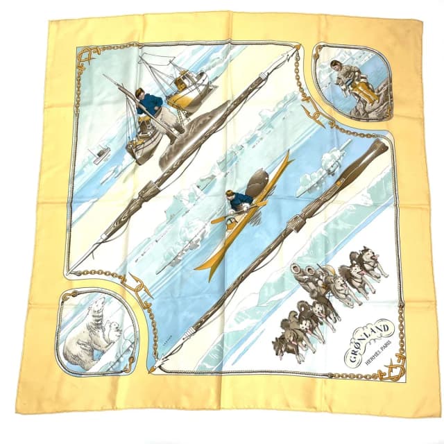 Hermès Carre 90 Gronland Green Land Eskimo Dog Sled Silk Scarf Yellow in Green Silk from The Reluxe, photo 1 of 1