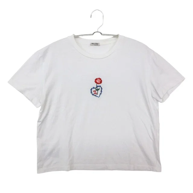 Miu Miu Short Sleeve T-Shirt Cropped Top Logo Embroidery Floral Pattern Rose in Pink from The Reluxe, photo 1 of 1