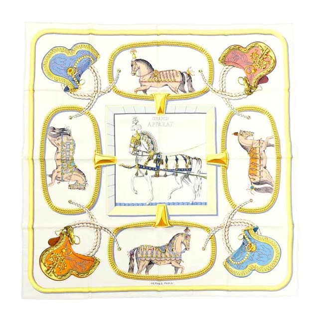 Hermès Carre 90 Grand Apala Cream Gold Multicolor Silk Scarf in White Silk from The Reluxe, photo 1 of 1