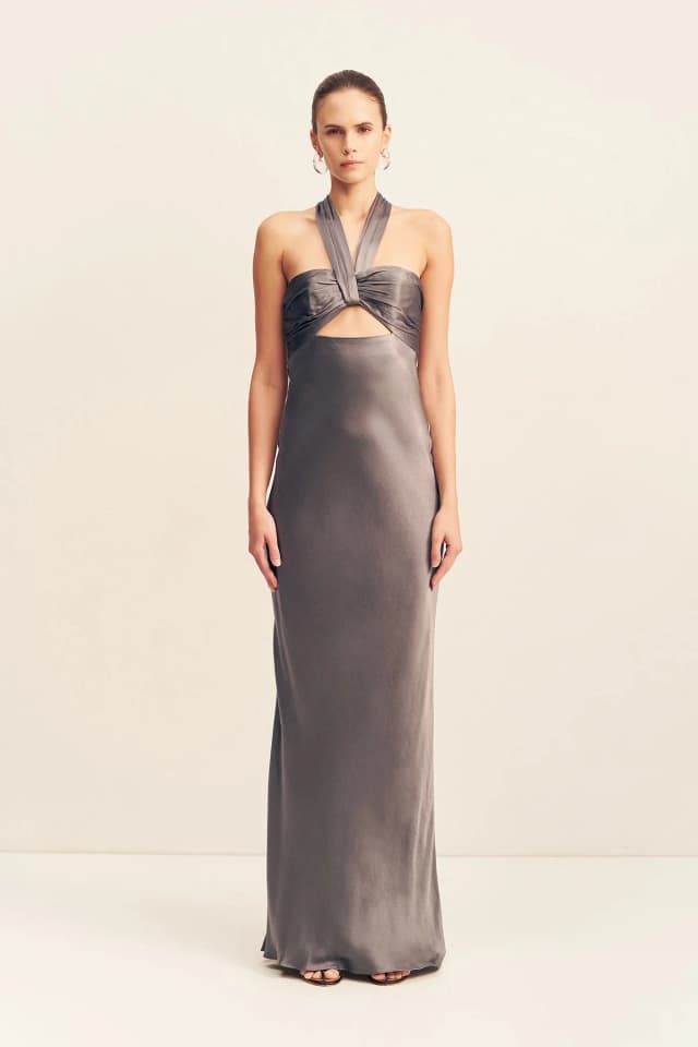 Shona Joy LA LUNE RUCHED HALTER MAXI DRESS - GRAPHITE, image 1 of 1 from Shona Joy