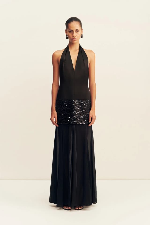 Shona Joy BIANCA HALTER PLUNGED MAXI DRESS - BLACK, image 1 of 1 from Shona Joy