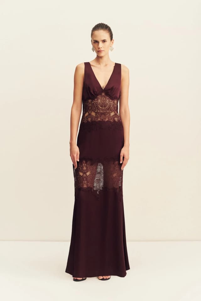 Shona Joy JAMILA LACE PLUNGED PANELLED MAXI DRESS - WINE TASTING, image 1 of 1 from Shona Joy