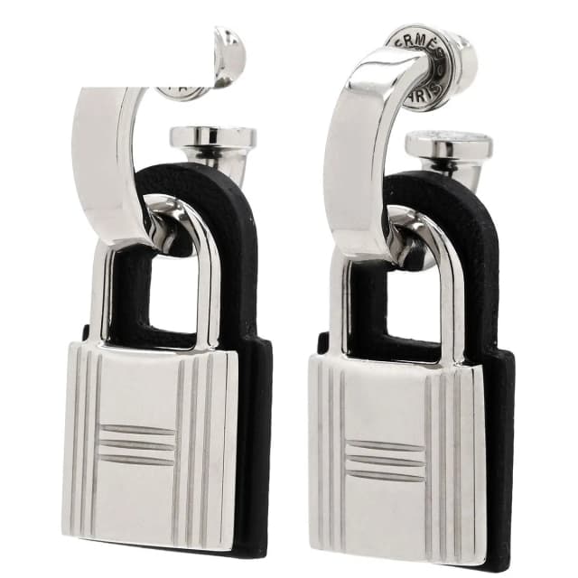 Hermès Earrings O'Kelly Metal Veau Swift Black Silver Cadena Shape Hoop in Black Swift leather from The Reluxe, photo 1 of 1