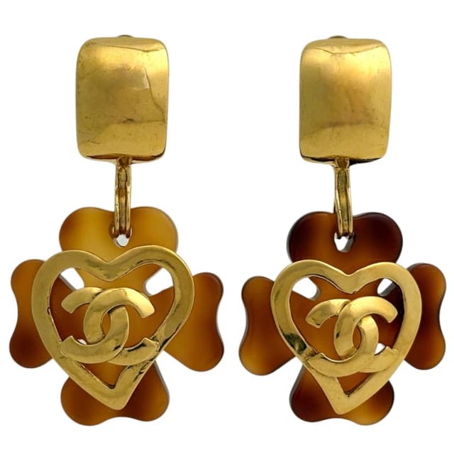 Chanel CC Logo Earrings Heart Clover Gold Plated Brown in Brown from The Reluxe, photo 1 of 1