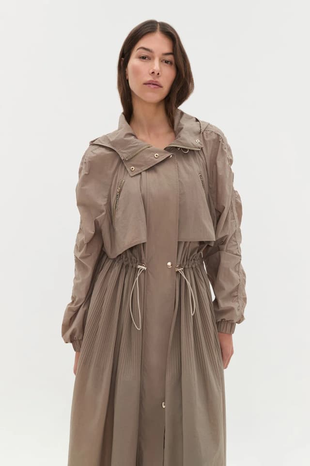Athletica Longline Pleated Trench 703 in KHAKI, image 1 of 1 from Aje