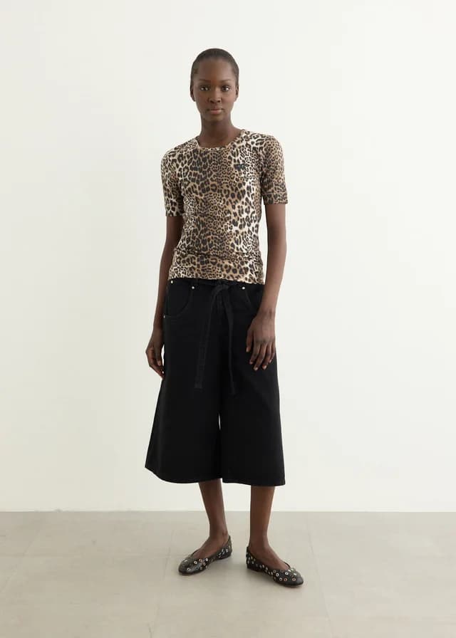 Ganni Soft Cotton Rib Short Sleeve T-Shirt in Leopard 943, image 1 of 1 from Incu