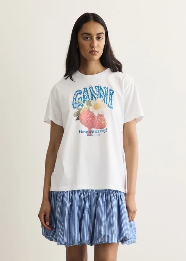 Ganni Basic Cotton Jersey Strawberry T-Shirt in Bright White, image 1 of 1 from Incu