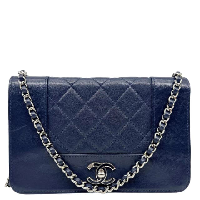 Chanel Mademoiselle Vintage Flap Quilted Sheepskin Crossbody Bag Navy Blue in Navy Leather from Dallas Designer Handbags, photo 1 of 1