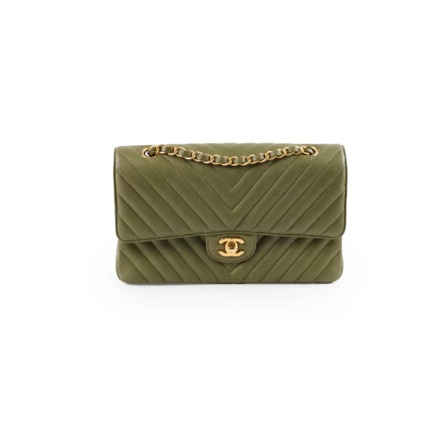 Chanel Medium Classic Flap Khaki Green Chevron Calfskin GHW in Green Calfskin from The Purse Affair, photo 1 of 1
