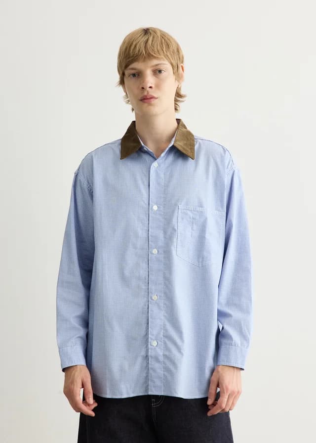 Comme Des Garcons Homme Cotton Check x Corduroy Shirt in 1 NVY SAX BRN, image 1 of 1 from Incu
