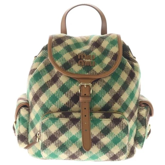 Miu Miu Plaid and Leather Backpack Tartan Check Wool Green Beige in Beige Wool from The Reluxe, photo 1 of 1