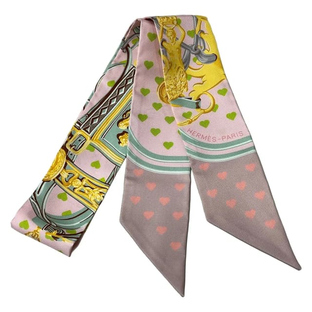 Hermès Scarf Twilly Light Pink Light Green Multi Ribbon Heart in Green from The Reluxe, photo 1 of 1