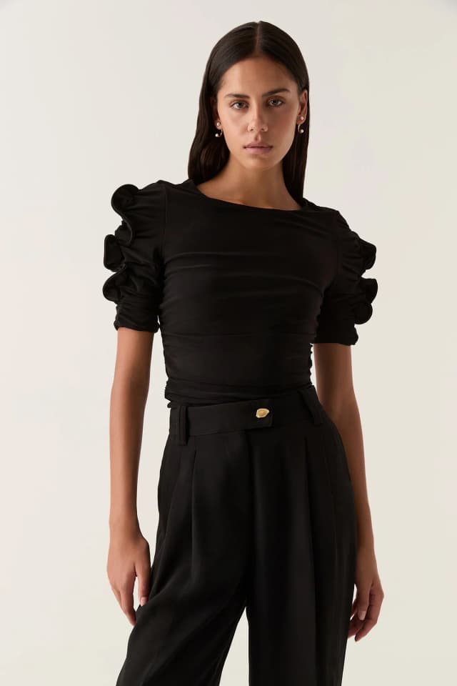AJE Elixir Gathered Jersey Top in BLACK, image 1 of 1 from Aje