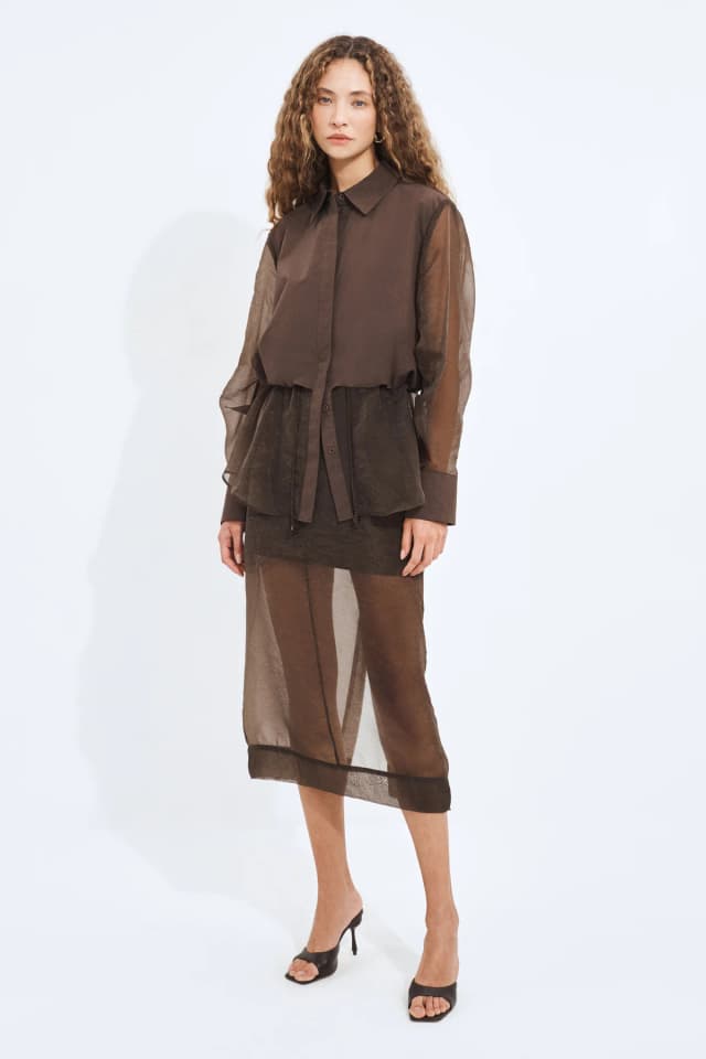 Aje Studio Paige Sheer Skirt in CHOCOLATE, image 1 of 1 from Aje