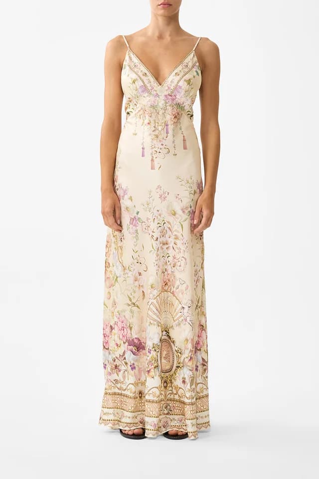 Camilla eBoutique V NECK FULL LENGTH BIAS SLIP DRESS ADORNED IN ARANJUEZ, image 1 of 1 from CAMILLA