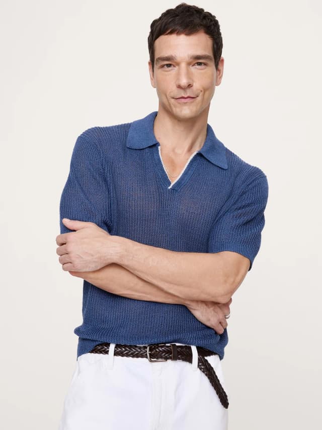 Banana Republic Linen-Cotton Johnny-Collar Sweater Polo in Medium Blue, image 1 of 1 from Banana Republic (Canada)