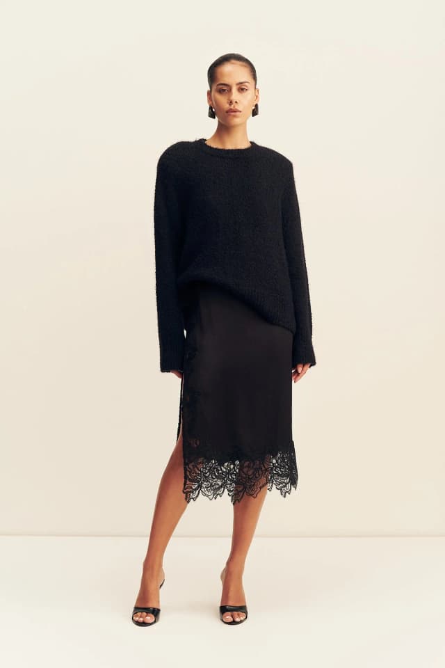 Shona Joy ENIKO LACE SPLIT MIDI SKIRT - BLACK, image 1 of 1 from Shona Joy