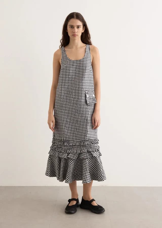 Ganni Crinkled Taffeta Check U-Neck Long Dress in 099 Black, image 1 of 1 from Incu
