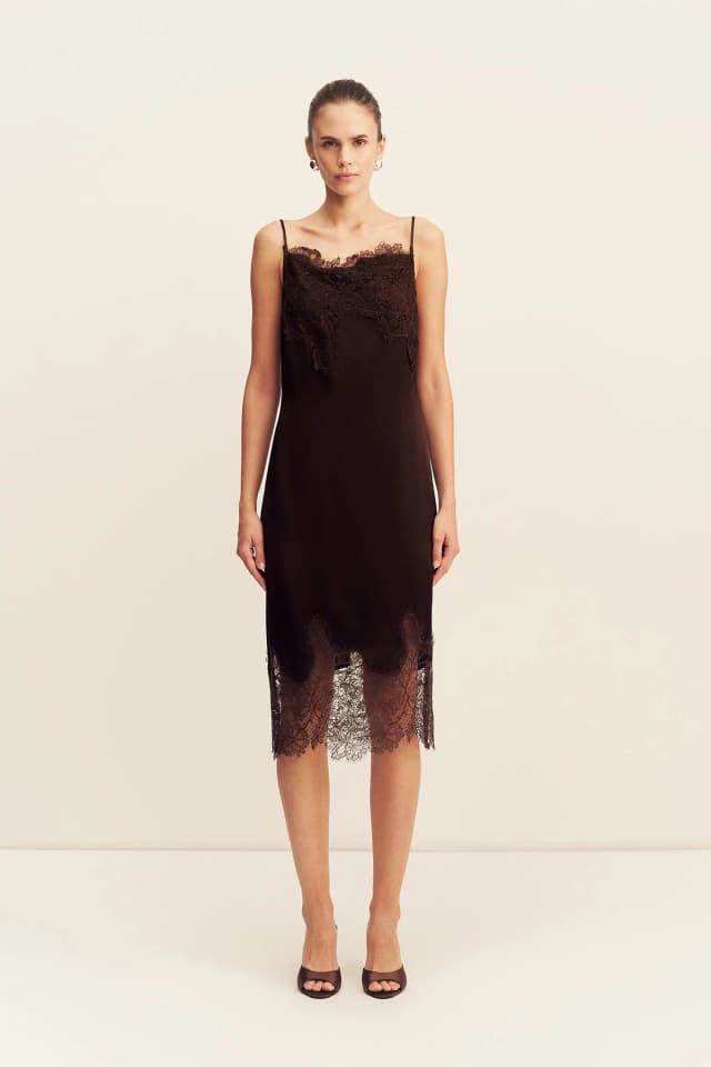 Shona Joy LUCIA LACE SLIP MIDI DRESS - ESPRESSO, image 1 of 1 from Shona Joy