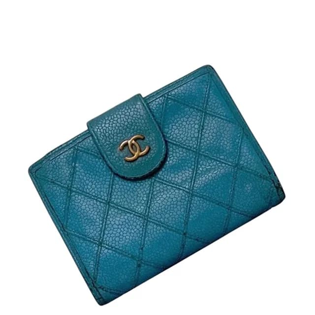 Chanel Kiss Lock Bifold Wallet Blue Quilted CC Logo Caviar Leather Vintage in Blue Caviar leather from The Reluxe, photo 1 of 1