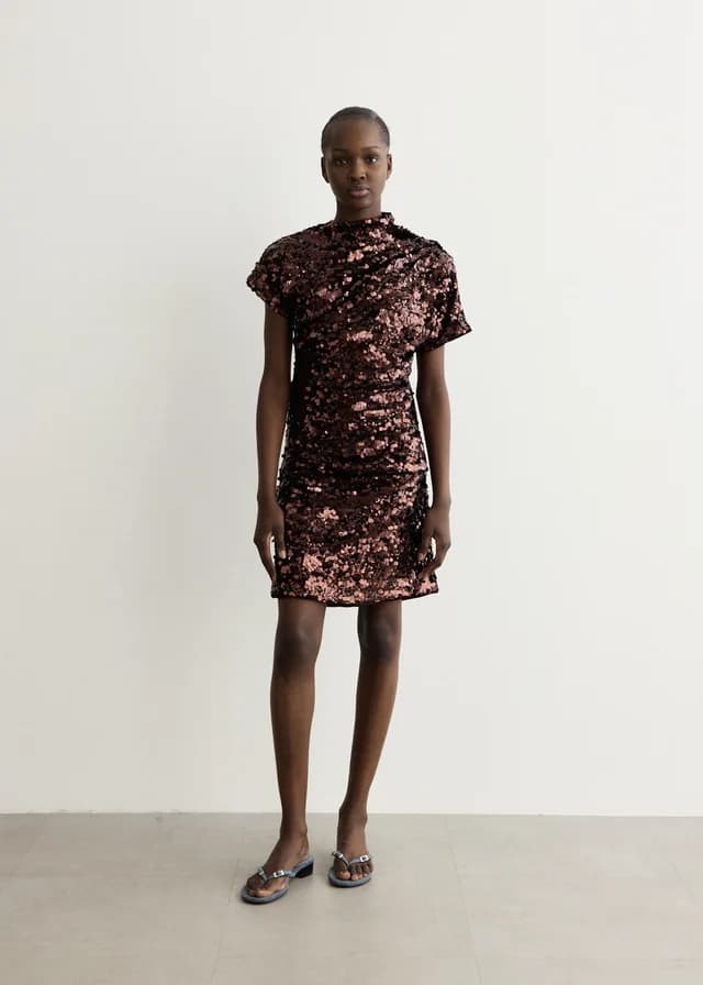 Ganni Velvet Sequins Draped Mini Dress in Demitasse, image 1 of 1 from Incu