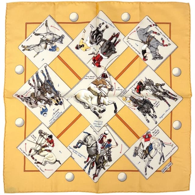 Hermès Petit Carre le Monde du Polo World Scarf Silk Yellow Multicolor in Yellow Silk from The Reluxe, photo 1 of 1