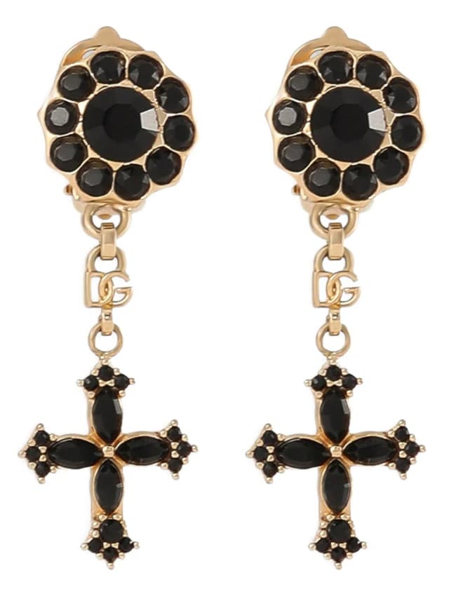 Dolce & Gabbana Black Crystal Cross Pendant Earrings in Black Woven leather from HEWI, photo 1 of 1