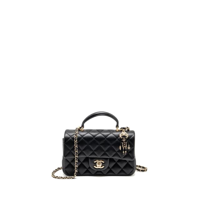 Chanel Top Handle Mini Rectangular with Detailed Charm Lambskin Black LGHW (Microchip) in Black Lambskin from EMIER, photo 1 of 1