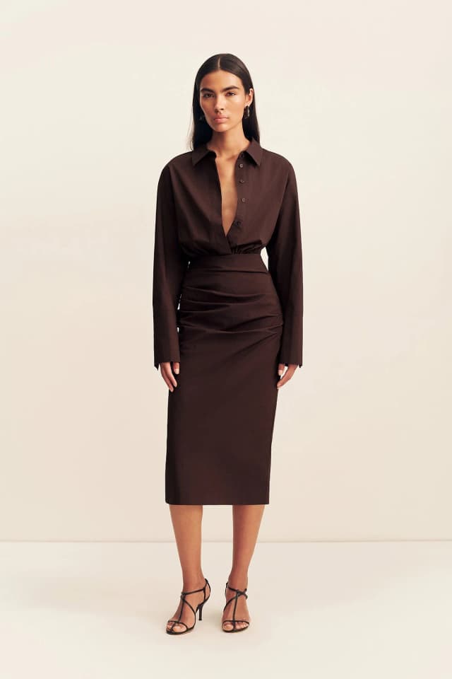 Shona Joy CAMPBELL SHIRT FITTED MIDI DRESS - RISTRETTO, image 1 of 1 from Shona Joy