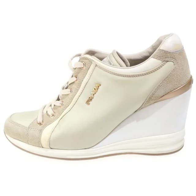 Prada Calzature Donna Wedge Sole Nylon Sneakers Suede Logo White Light in White Suede from The Reluxe, photo 1 of 1