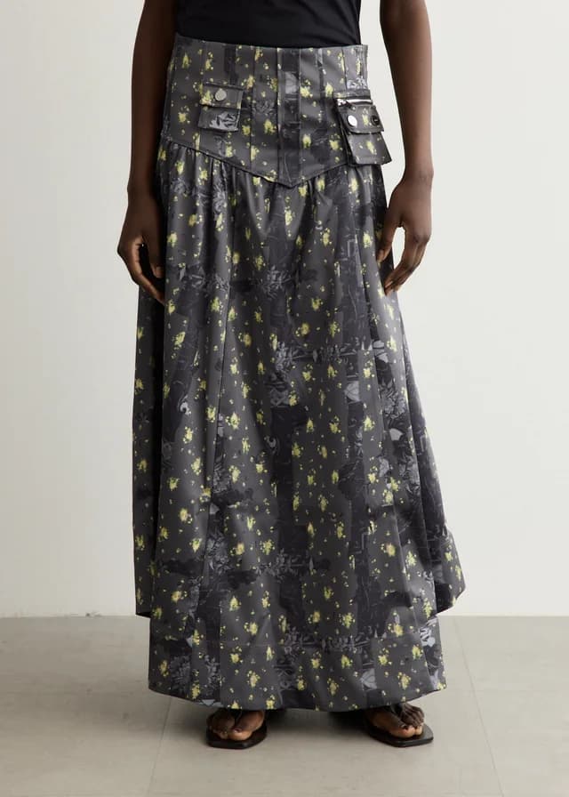 Ganni Printed Double Satin Corset Skirt in Black Sand 052, image 1 of 1 from Incu