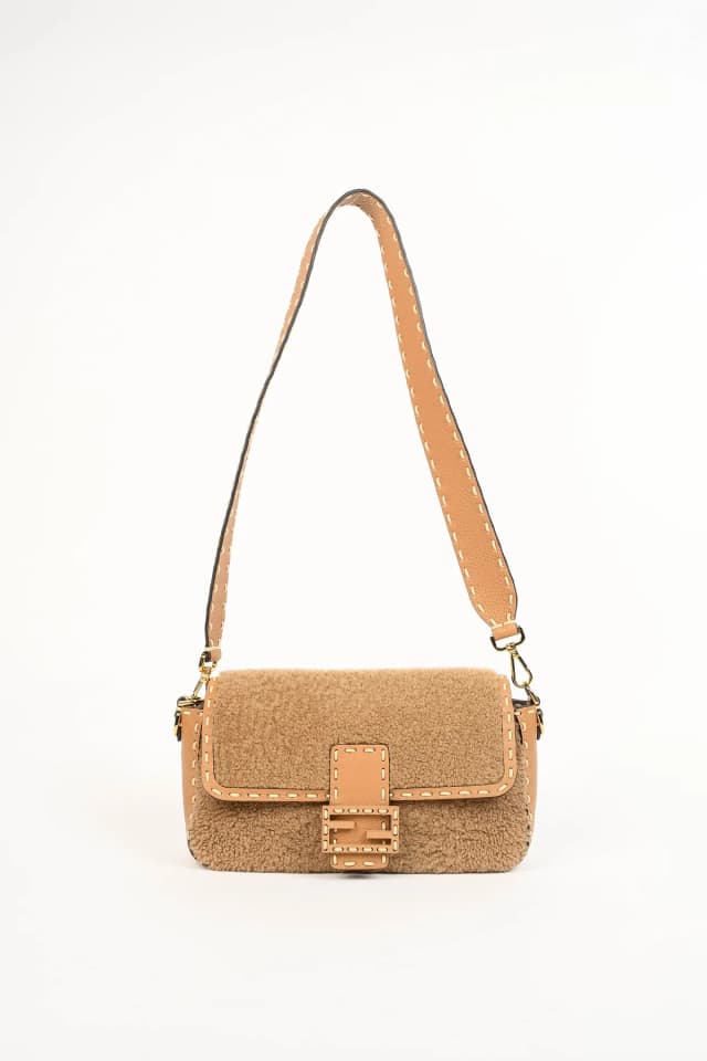 2020s Fendi Beige Shearling Selleria Baguette Crossbody Bag in Beige Canvas from Break Archive, photo 1 of 1