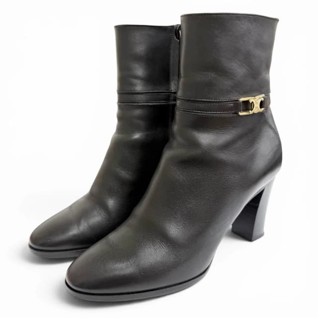 Celine Triomphe Side Zip Leather Ankle Boots Short Black in Black Leather from The Reluxe, photo 1 of 1