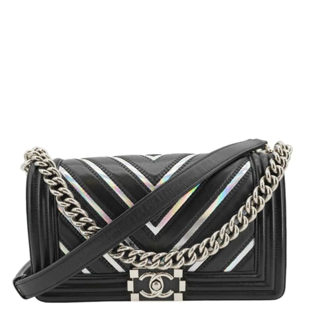Chanel Boy Flap Chevron Leather with Holographic PVC Crossbody Bag Black in Black Leather from Dallas Designer Handbags, photo 1 of 1