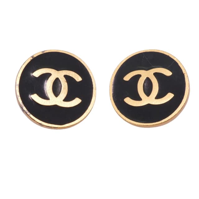 Chanel Earrings Vintage CC Logo Round Circle Gold Plated Black in Black from The Reluxe, photo 1 of 1
