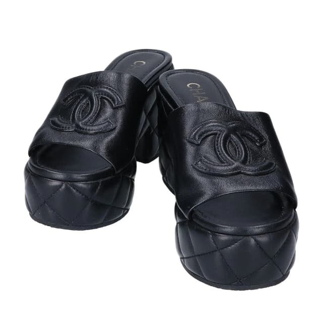 Chanel CC Logo Quilted Platform Sandals 37C in Lambskin from The Reluxe, photo 1 of 1
