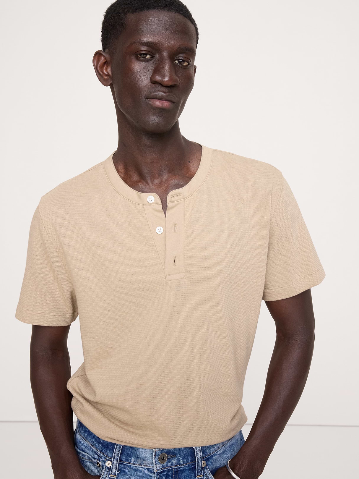Banana Republic Mesh Henley T-Shirt in Natural Stone, image 1 of 1 from Banana Republic (US)