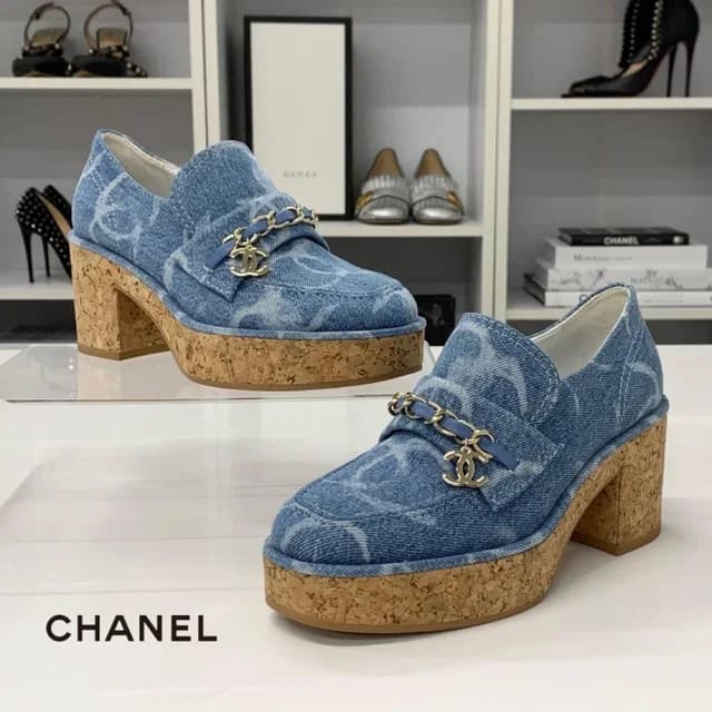 Chanel CC Logo Chain Denim Thick Bottom Cork Loafers Blue in Blue Denim from The Reluxe, photo 1 of 1