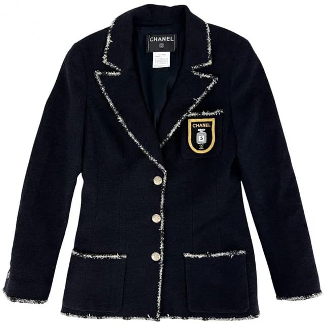 Chanel Tailored Jacket CC Logo Emblem 38 Navy Wool Cotton Spring Autumn in Navy Wool from The Reluxe, photo 1 of 1
