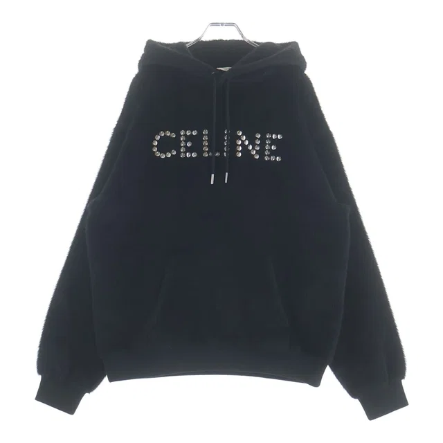 Celine Hedi Slimane Era Studded Logo Alpaca Wool Blend Pullover Hoodie Black in Black Wool from The Reluxe, photo 1 of 1